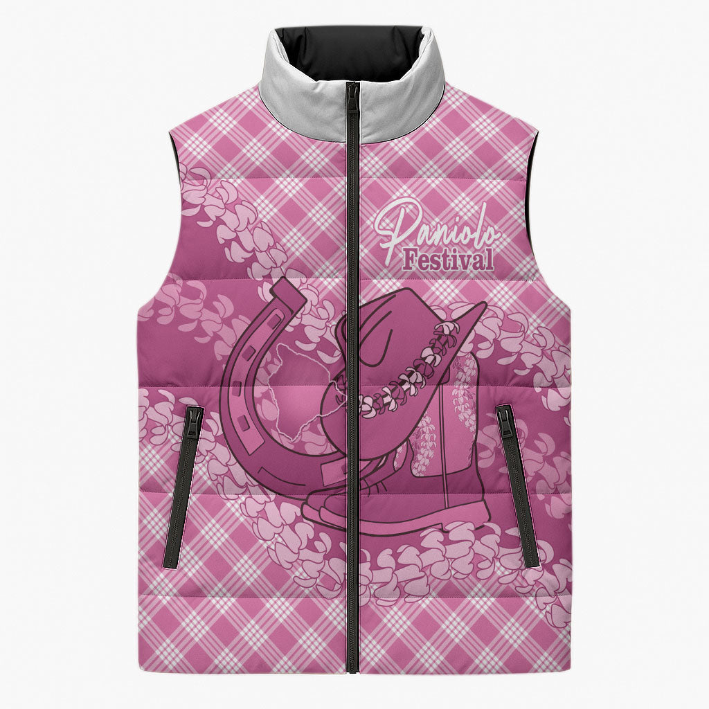 Alaka Hawaii Cowboy Palaka Motifs Personalised Sleeveless Puffer Jacket Paniolo Festival Puakenikeni Lei LT14 Unisex Pink - Polynesian Pride