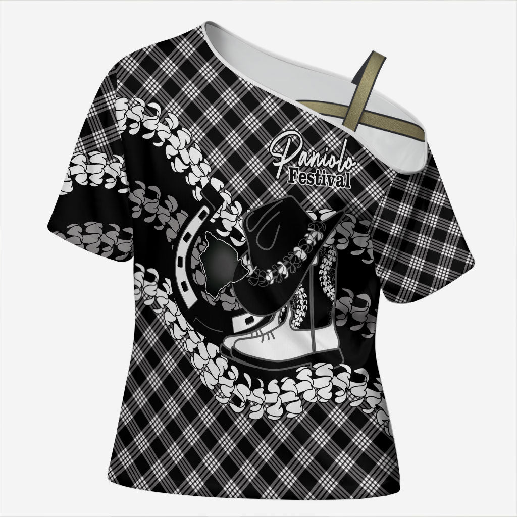 Eleele Hawaii Cowboy Palaka Motifs Personalised Cross Shoulder Shirt Paniolo Festival Puakenikeni Lei LT14 Female Black - Polynesian Pride