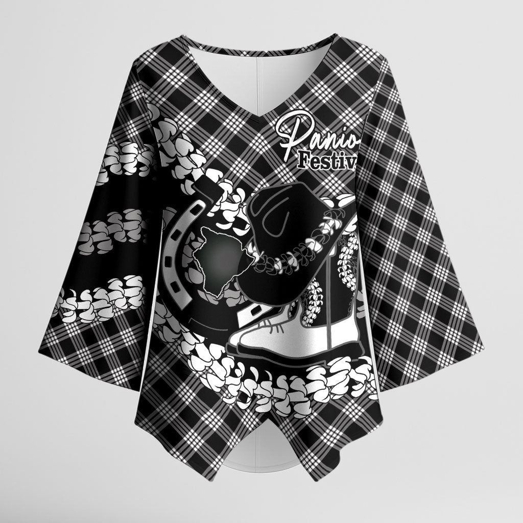 Eleele Hawaii Cowboy Palaka Motifs Personalised Kimono Sleeve Blouse Paniolo Festival Puakenikeni Lei LT14 Female Black - Polynesian Pride
