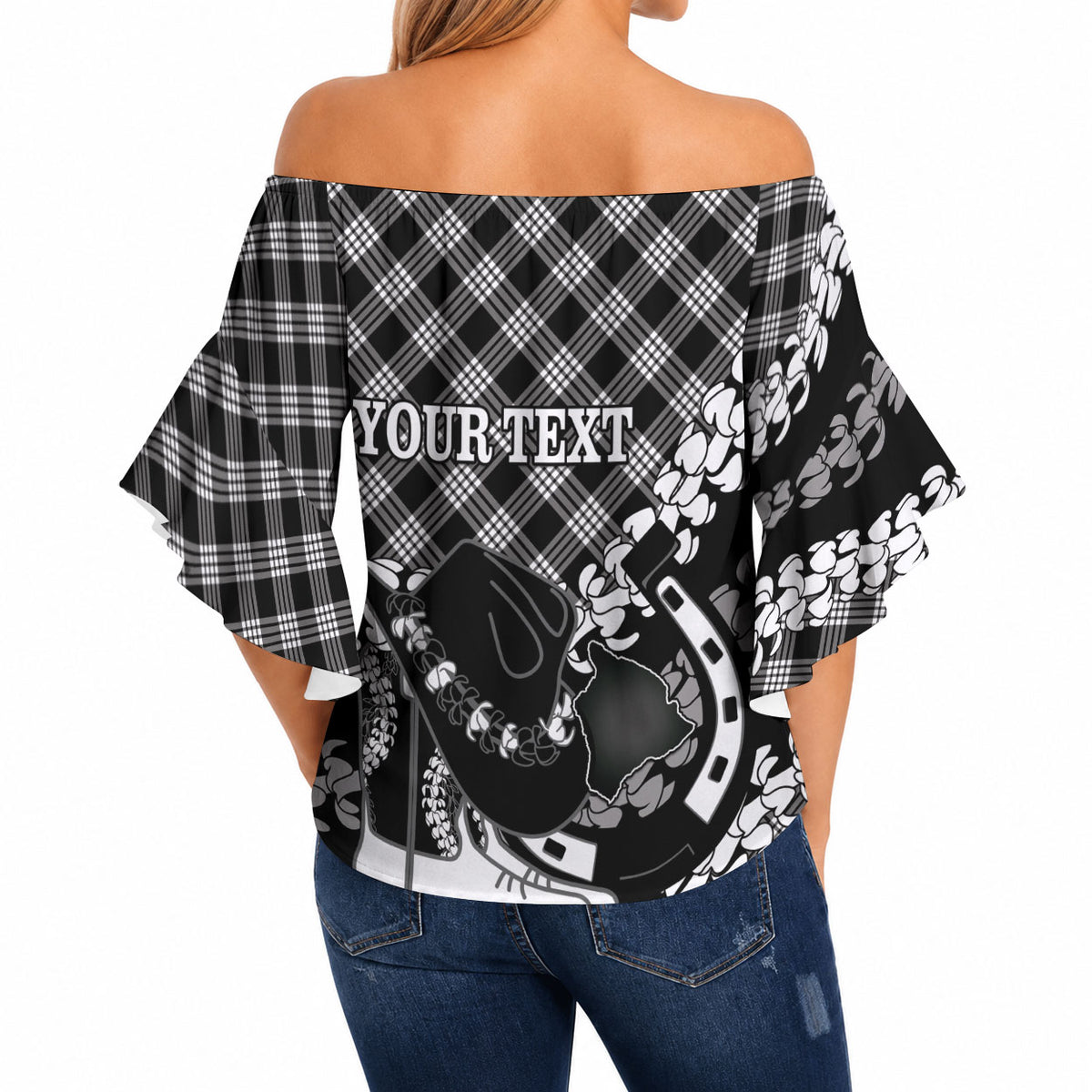 Eleele Hawaii Cowboy Palaka Motifs Personalised Off Shoulder Wrap Waist Top Paniolo Festival Puakenikeni Lei LT14 - Polynesian Pride