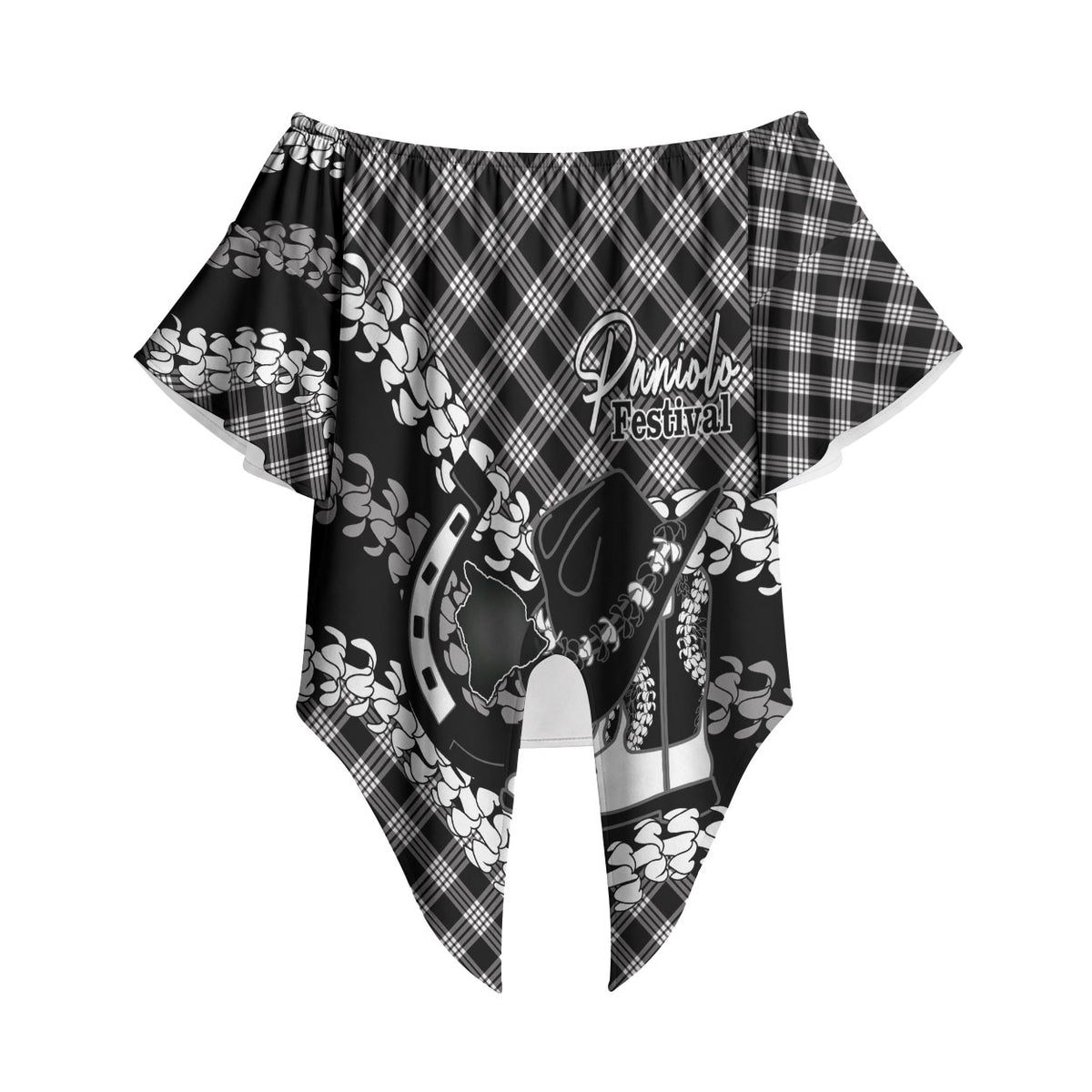Eleele Hawaii Cowboy Palaka Motifs Personalised Off Shoulder Wrap Waist Top Paniolo Festival Puakenikeni Lei LT14 - Polynesian Pride