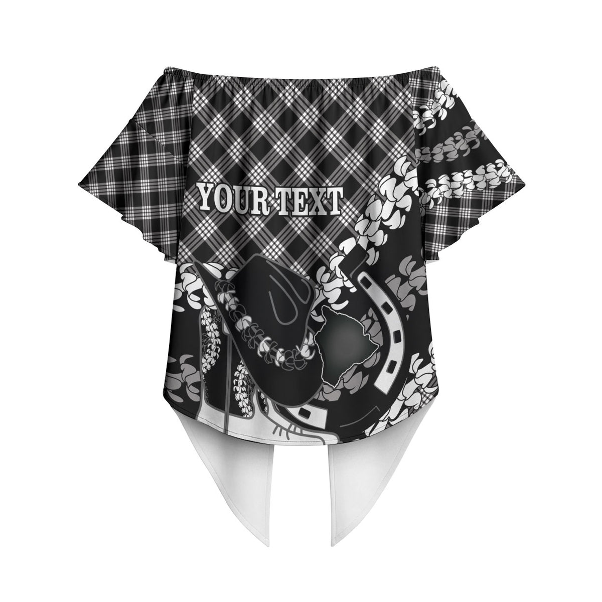 Eleele Hawaii Cowboy Palaka Motifs Personalised Off Shoulder Wrap Waist Top Paniolo Festival Puakenikeni Lei LT14 - Polynesian Pride