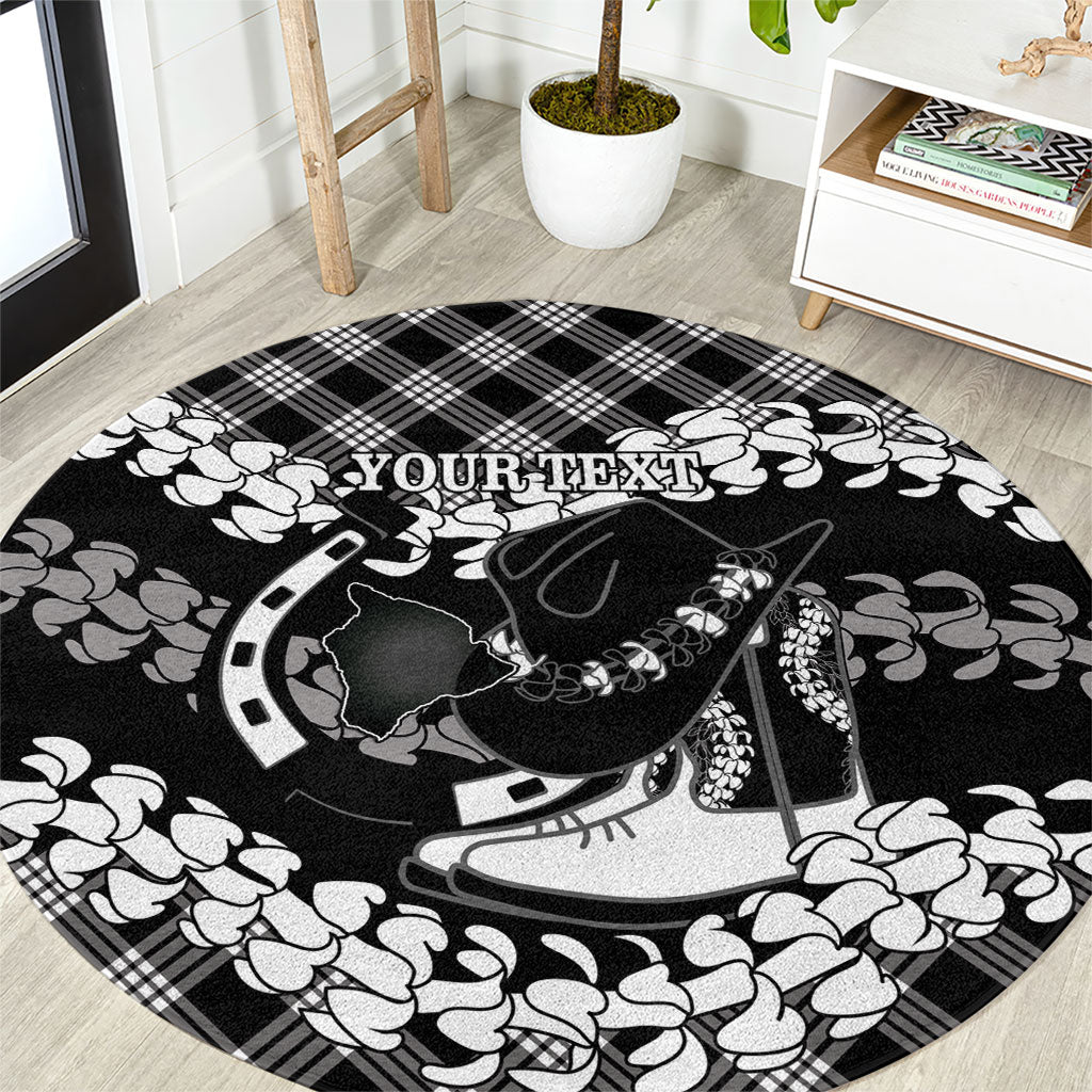 Eleele Hawaii Cowboy Palaka Motifs Personalised Round Carpet Paniolo Festival Puakenikeni Lei LT14 Black - Polynesian Pride