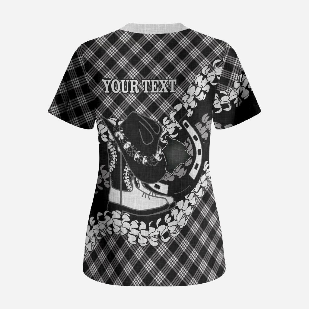 Eleele Hawaii Cowboy Palaka Motifs Personalised Scrub Top Paniolo Festival Puakenikeni Lei LT14 - Polynesian Pride