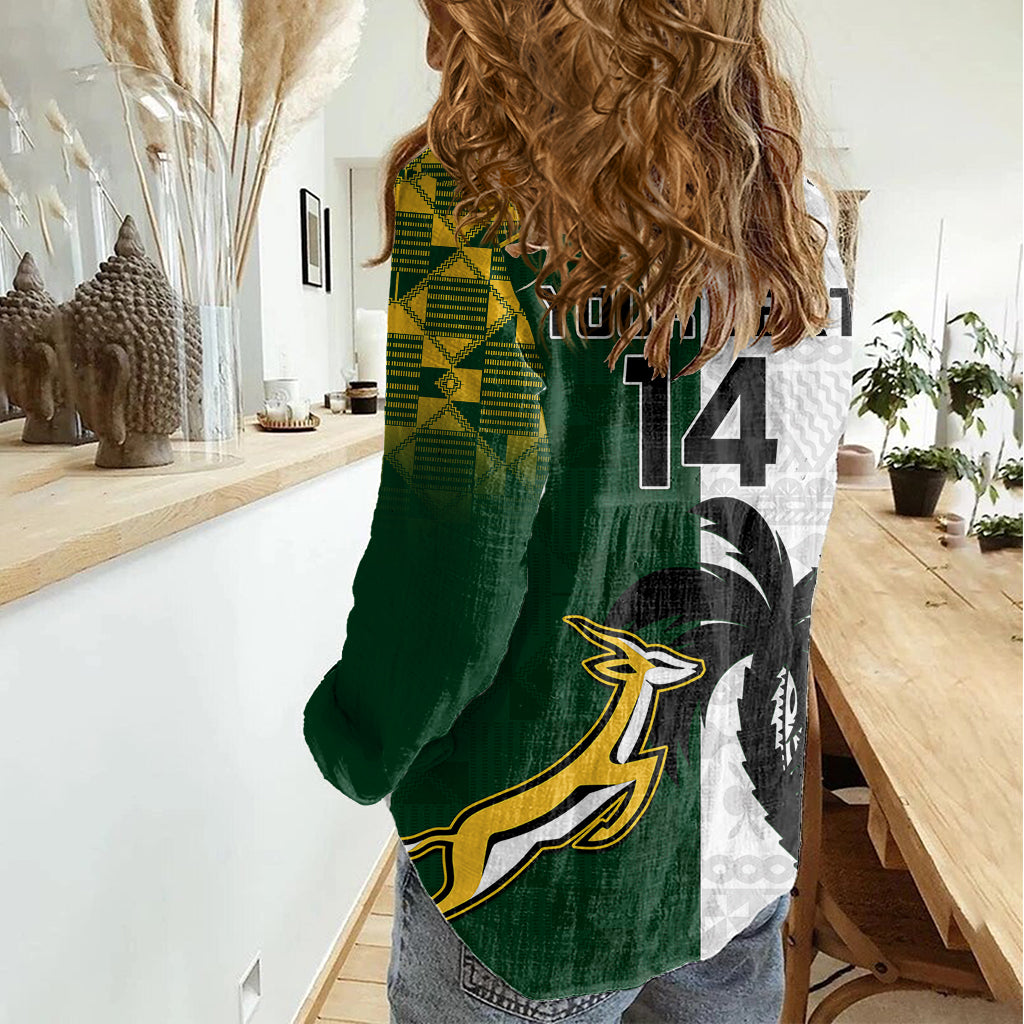 Custom South Africa And Fiji Rugby Women Casual Shirt 2023 World Cup Fijian Tapa With Kente Pattern LT14 - Polynesian Pride