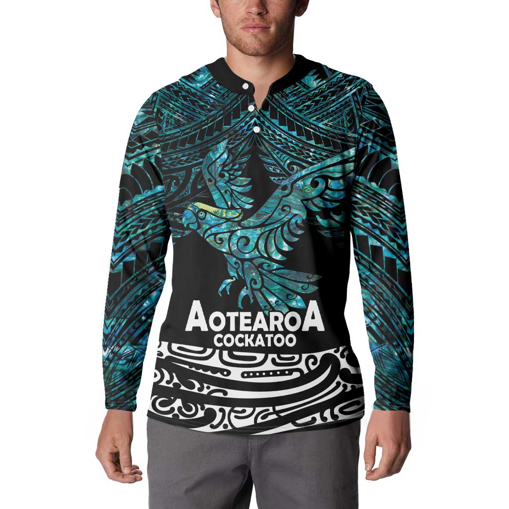 New Zealand Sulphur-crested Cockatoo Button Sweatshirt Aotearoa Maori Mix Paua Shell