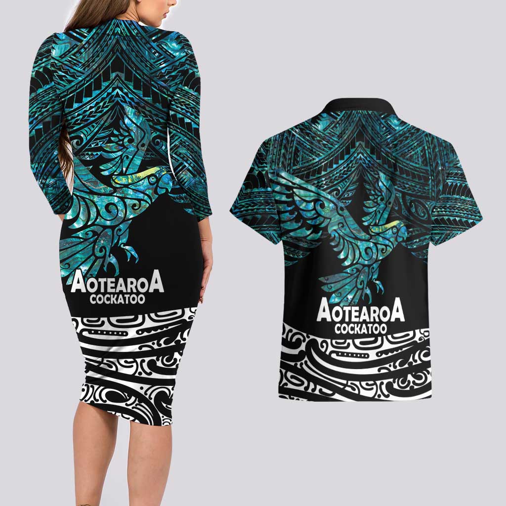 New Zealand Sulphur-crested Cockatoo Couples Matching Long Sleeve Bodycon Dress and Hawaiian Shirt Aotearoa Maori Mix Paua Shell LT14 - Polynesian Pride