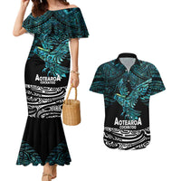 New Zealand Sulphur-crested Cockatoo Couples Matching Mermaid Dress and Hawaiian Shirt Aotearoa Maori Mix Paua Shell LT14 Turquoise - Polynesian Pride
