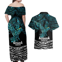 New Zealand Sulphur-crested Cockatoo Couples Matching Off Shoulder Maxi Dress and Hawaiian Shirt Aotearoa Maori Mix Paua Shell LT14 - Polynesian Pride