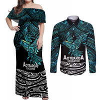 New Zealand Sulphur-crested Cockatoo Couples Matching Off Shoulder Maxi Dress and Long Sleeve Button Shirt Aotearoa Maori Mix Paua Shell LT14 Turquoise - Polynesian Pride