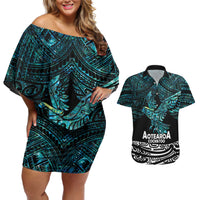New Zealand Sulphur-crested Cockatoo Couples Matching Off Shoulder Short Dress and Hawaiian Shirt Aotearoa Maori Mix Paua Shell LT14 Turquoise - Polynesian Pride