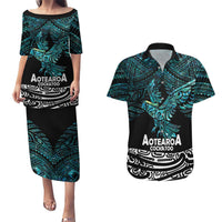 New Zealand Sulphur-crested Cockatoo Couples Matching Puletasi and Hawaiian Shirt Aotearoa Maori Mix Paua Shell LT14 Turquoise - Polynesian Pride