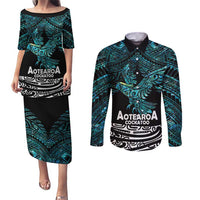 New Zealand Sulphur-crested Cockatoo Couples Matching Puletasi and Long Sleeve Button Shirt Aotearoa Maori Mix Paua Shell LT14 Turquoise - Polynesian Pride