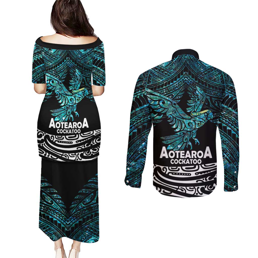 New Zealand Sulphur-crested Cockatoo Couples Matching Puletasi and Long Sleeve Button Shirt Aotearoa Maori Mix Paua Shell LT14 - Polynesian Pride