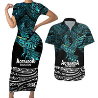 New Zealand Sulphur-crested Cockatoo Couples Matching Short Sleeve Bodycon Dress and Hawaiian Shirt Aotearoa Maori Mix Paua Shell LT14 Turquoise - Polynesian Pride