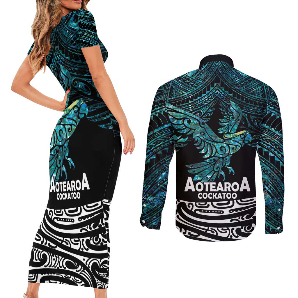 New Zealand Sulphur-crested Cockatoo Couples Matching Short Sleeve Bodycon Dress and Long Sleeve Button Shirt Aotearoa Maori Mix Paua Shell LT14 - Polynesian Pride