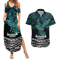 New Zealand Sulphur-crested Cockatoo Couples Matching Summer Maxi Dress and Hawaiian Shirt Aotearoa Maori Mix Paua Shell LT14 Turquoise - Polynesian Pride