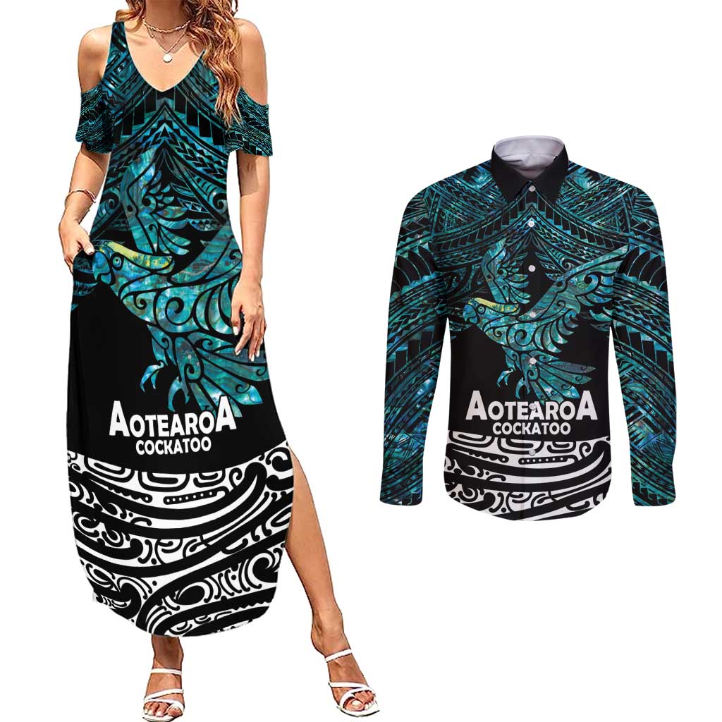 New Zealand Sulphur-crested Cockatoo Couples Matching Summer Maxi Dress and Long Sleeve Button Shirt Aotearoa Maori Mix Paua Shell LT14 Turquoise - Polynesian Pride