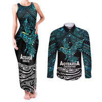 New Zealand Sulphur-crested Cockatoo Couples Matching Tank Maxi Dress and Long Sleeve Button Shirt Aotearoa Maori Mix Paua Shell LT14 Turquoise - Polynesian Pride
