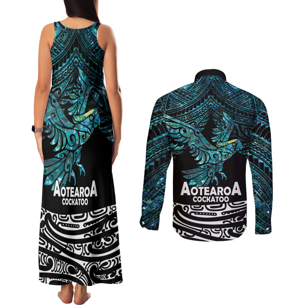 New Zealand Sulphur-crested Cockatoo Couples Matching Tank Maxi Dress and Long Sleeve Button Shirt Aotearoa Maori Mix Paua Shell LT14 - Polynesian Pride