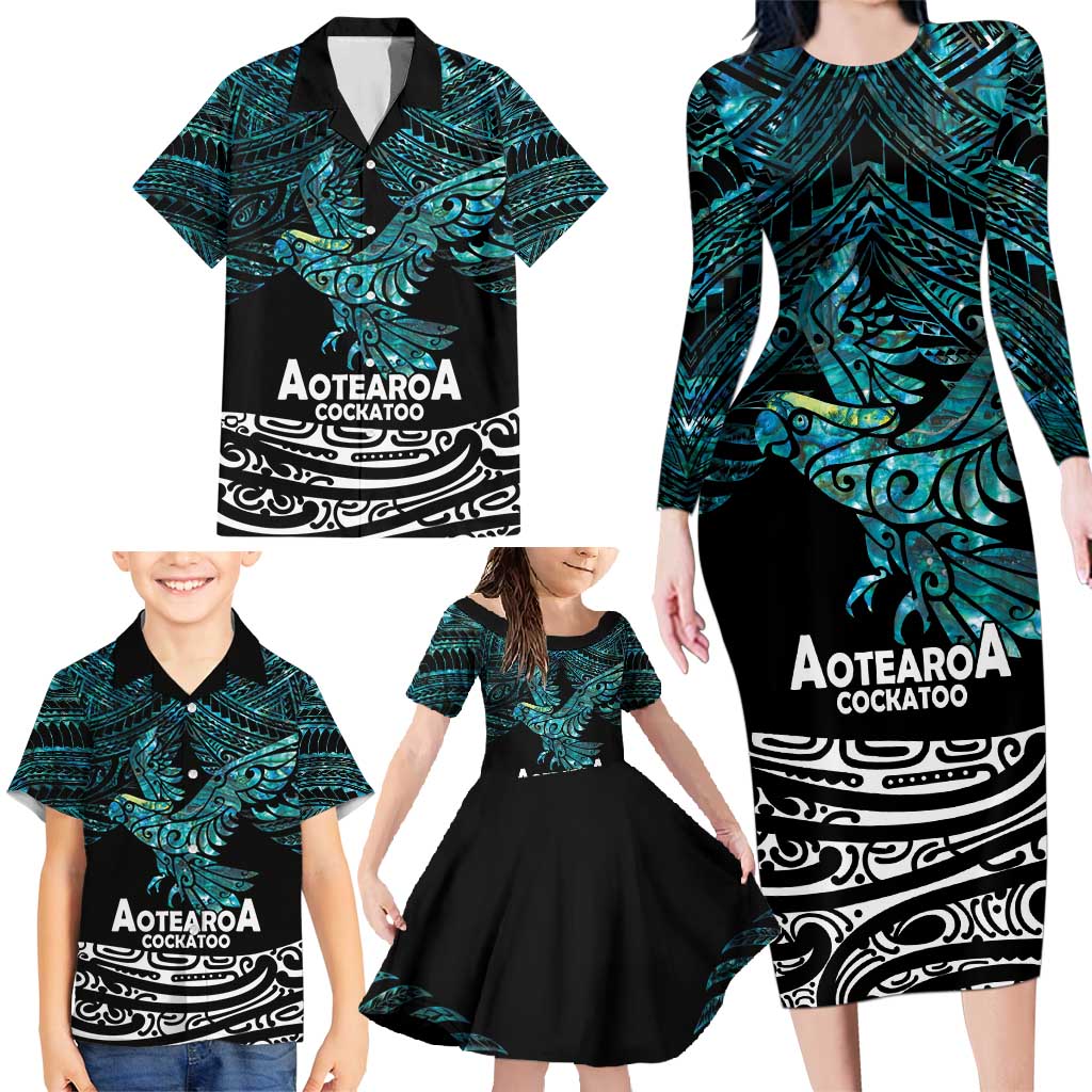 New Zealand Sulphur-crested Cockatoo Family Matching Long Sleeve Bodycon Dress and Hawaiian Shirt Aotearoa Maori Mix Paua Shell LT14 - Polynesian Pride