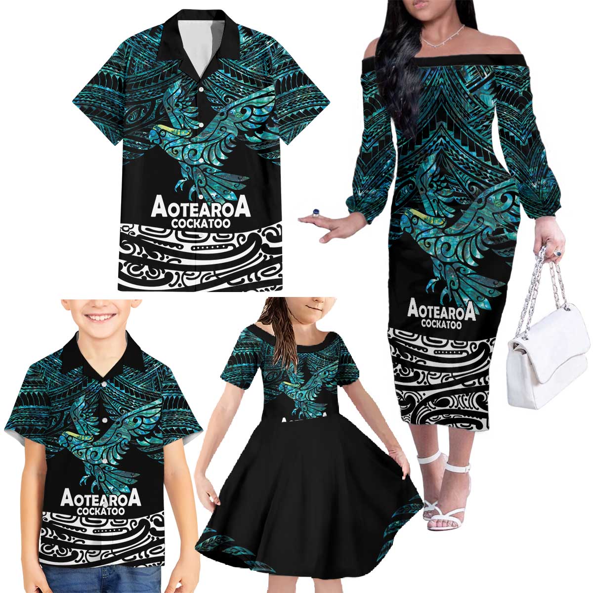 New Zealand Sulphur-crested Cockatoo Family Matching Off The Shoulder Long Sleeve Dress and Hawaiian Shirt Aotearoa Maori Mix Paua Shell LT14 - Polynesian Pride