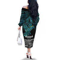 New Zealand Sulphur-crested Cockatoo Family Matching Off The Shoulder Long Sleeve Dress and Hawaiian Shirt Aotearoa Maori Mix Paua Shell LT14 - Polynesian Pride