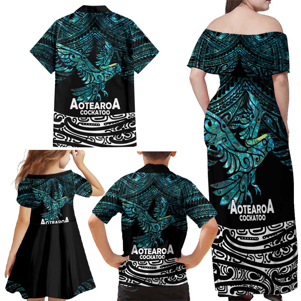 New Zealand Sulphur-crested Cockatoo Family Matching Off Shoulder Maxi Dress and Hawaiian Shirt Aotearoa Maori Mix Paua Shell LT14 - Polynesian Pride