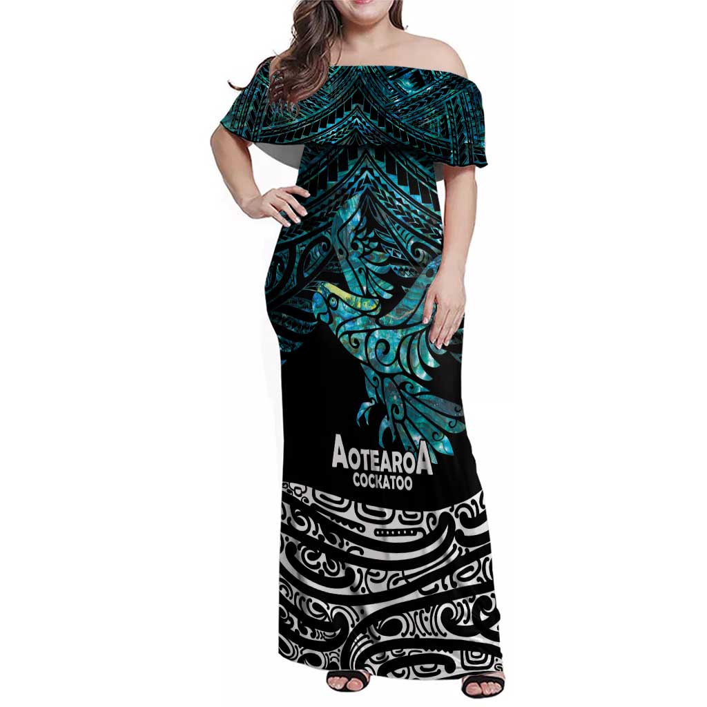 New Zealand Sulphur-crested Cockatoo Family Matching Off Shoulder Maxi Dress and Hawaiian Shirt Aotearoa Maori Mix Paua Shell LT14 Mom's Dress Turquoise - Polynesian Pride