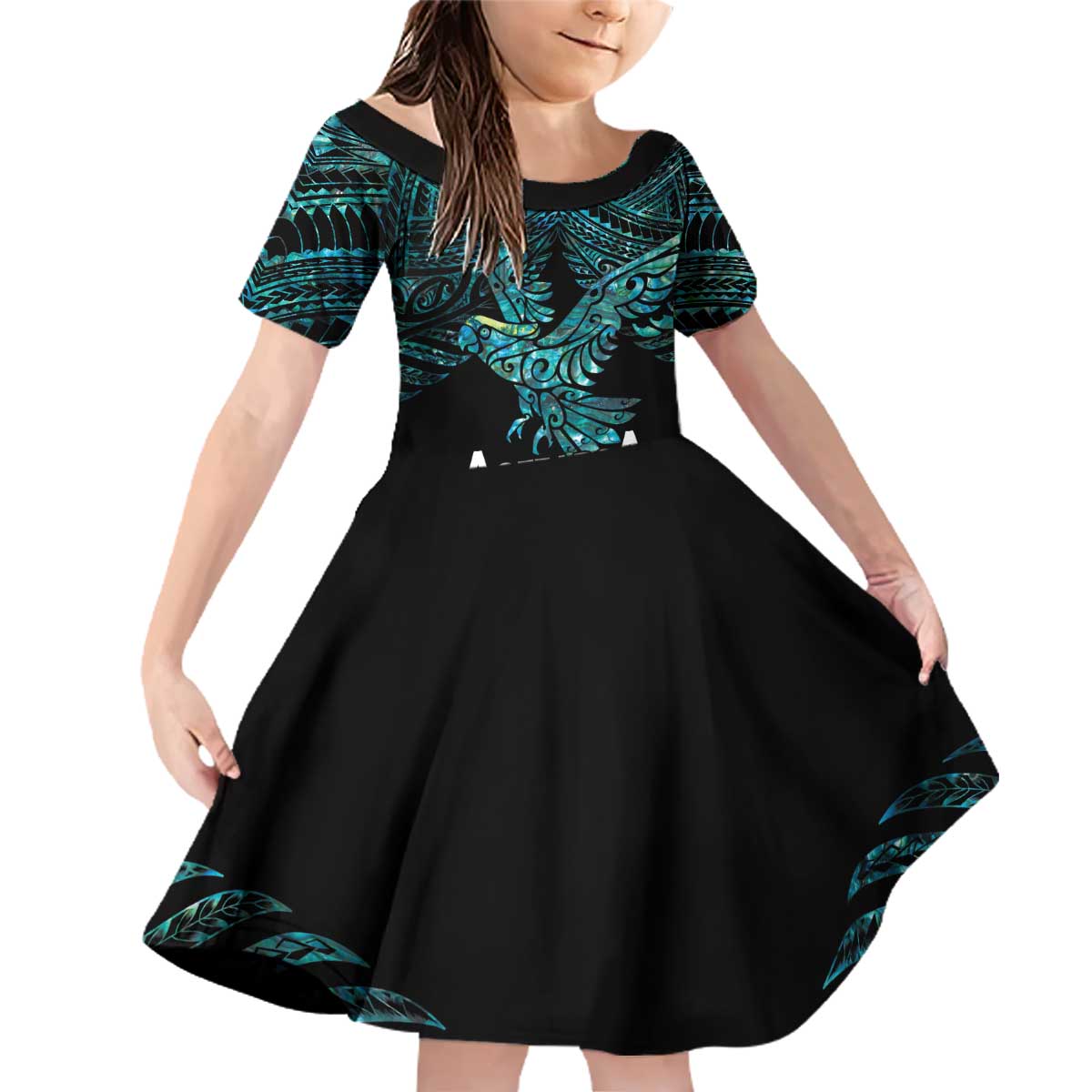 New Zealand Sulphur-crested Cockatoo Family Matching Off Shoulder Short Dress and Hawaiian Shirt Aotearoa Maori Mix Paua Shell LT14 Daughter's Dress Turquoise - Polynesian Pride