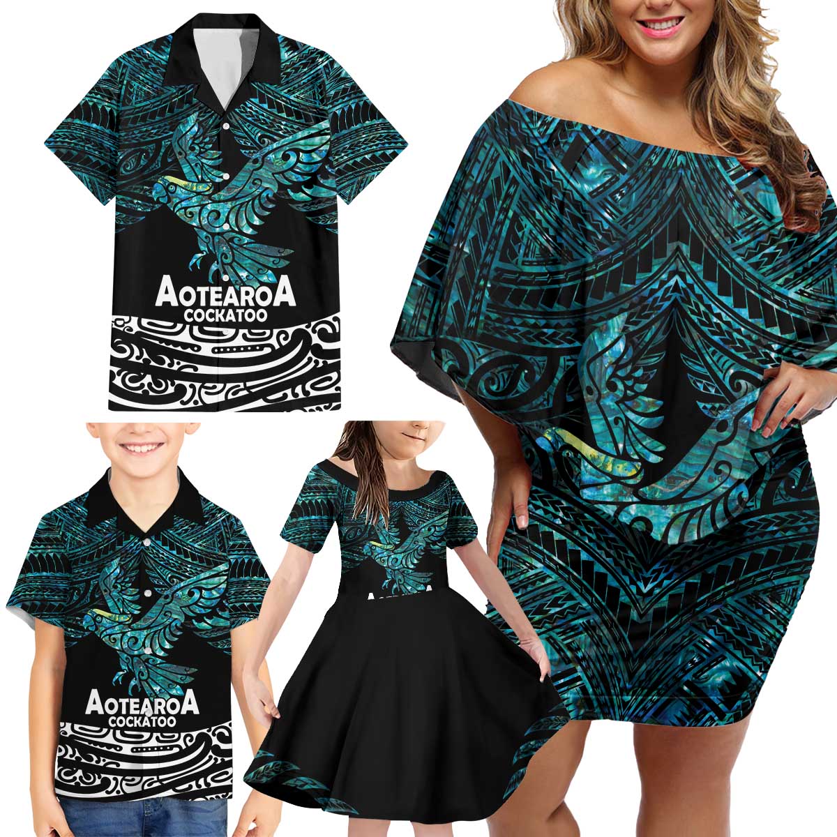 New Zealand Sulphur-crested Cockatoo Family Matching Off Shoulder Short Dress and Hawaiian Shirt Aotearoa Maori Mix Paua Shell LT14 - Polynesian Pride