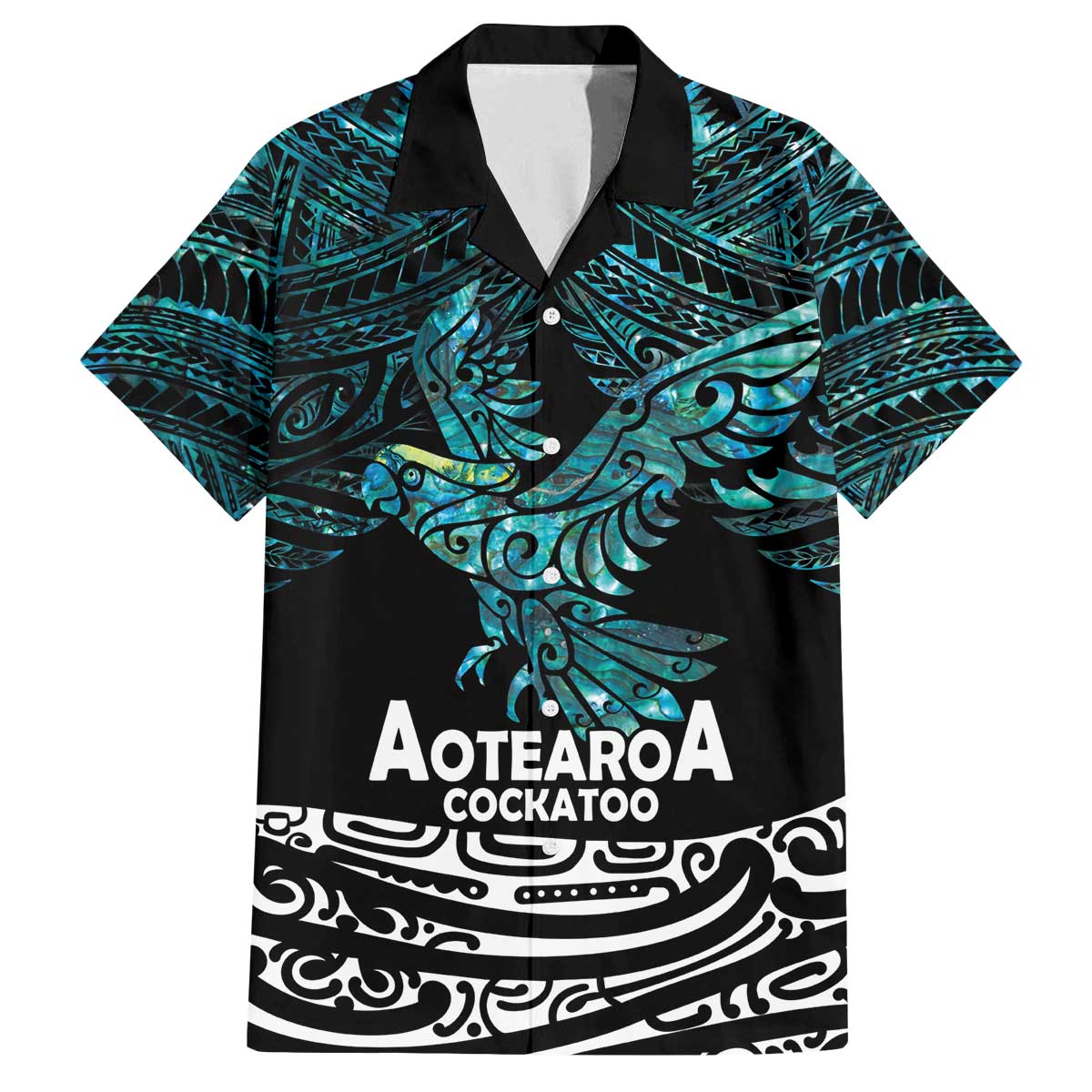 New Zealand Sulphur-crested Cockatoo Family Matching Off Shoulder Short Dress and Hawaiian Shirt Aotearoa Maori Mix Paua Shell LT14 Dad's Shirt - Short Sleeve Turquoise - Polynesian Pride