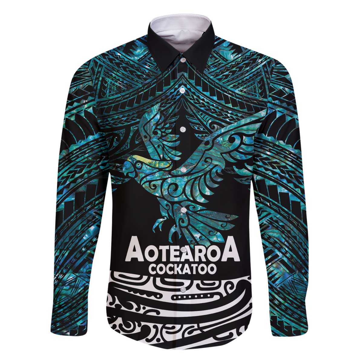 New Zealand Sulphur-crested Cockatoo Family Matching Off Shoulder Short Dress and Hawaiian Shirt Aotearoa Maori Mix Paua Shell LT14 Dad's Shirt - Long Sleeve Turquoise - Polynesian Pride