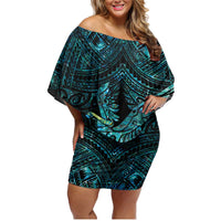 New Zealand Sulphur-crested Cockatoo Family Matching Off Shoulder Short Dress and Hawaiian Shirt Aotearoa Maori Mix Paua Shell LT14 Mom's Dress Turquoise - Polynesian Pride