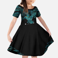 New Zealand Sulphur-crested Cockatoo Family Matching Puletasi and Hawaiian Shirt Aotearoa Maori Mix Paua Shell LT14 Daughter's Dress Turquoise - Polynesian Pride