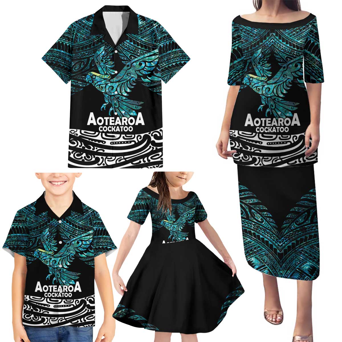 New Zealand Sulphur-crested Cockatoo Family Matching Puletasi and Hawaiian Shirt Aotearoa Maori Mix Paua Shell LT14 - Polynesian Pride