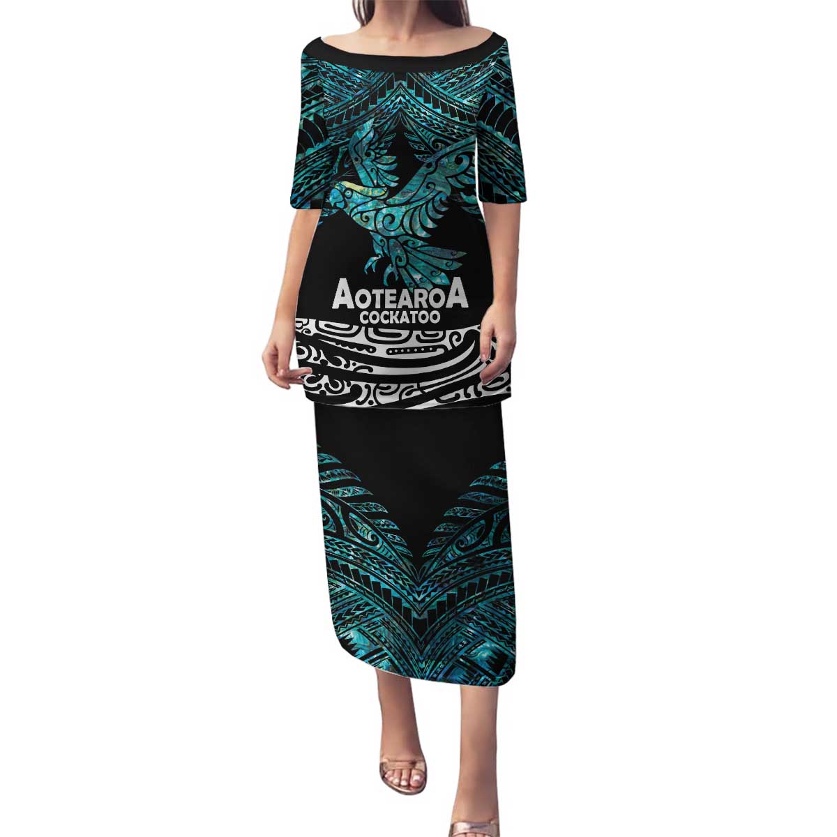 New Zealand Sulphur-crested Cockatoo Family Matching Puletasi and Hawaiian Shirt Aotearoa Maori Mix Paua Shell LT14 Mom's Dress Turquoise - Polynesian Pride