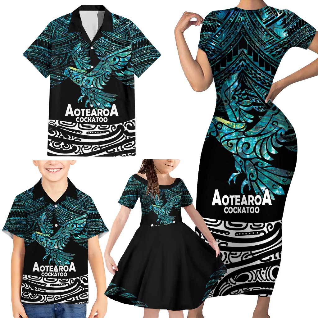New Zealand Sulphur-crested Cockatoo Family Matching Short Sleeve Bodycon Dress and Hawaiian Shirt Aotearoa Maori Mix Paua Shell LT14 - Polynesian Pride