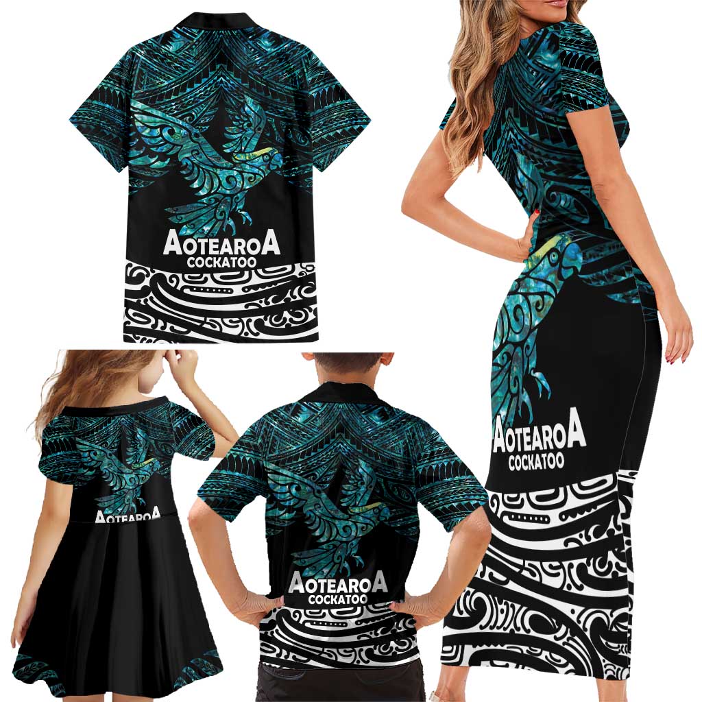 New Zealand Sulphur-crested Cockatoo Family Matching Short Sleeve Bodycon Dress and Hawaiian Shirt Aotearoa Maori Mix Paua Shell LT14 - Polynesian Pride