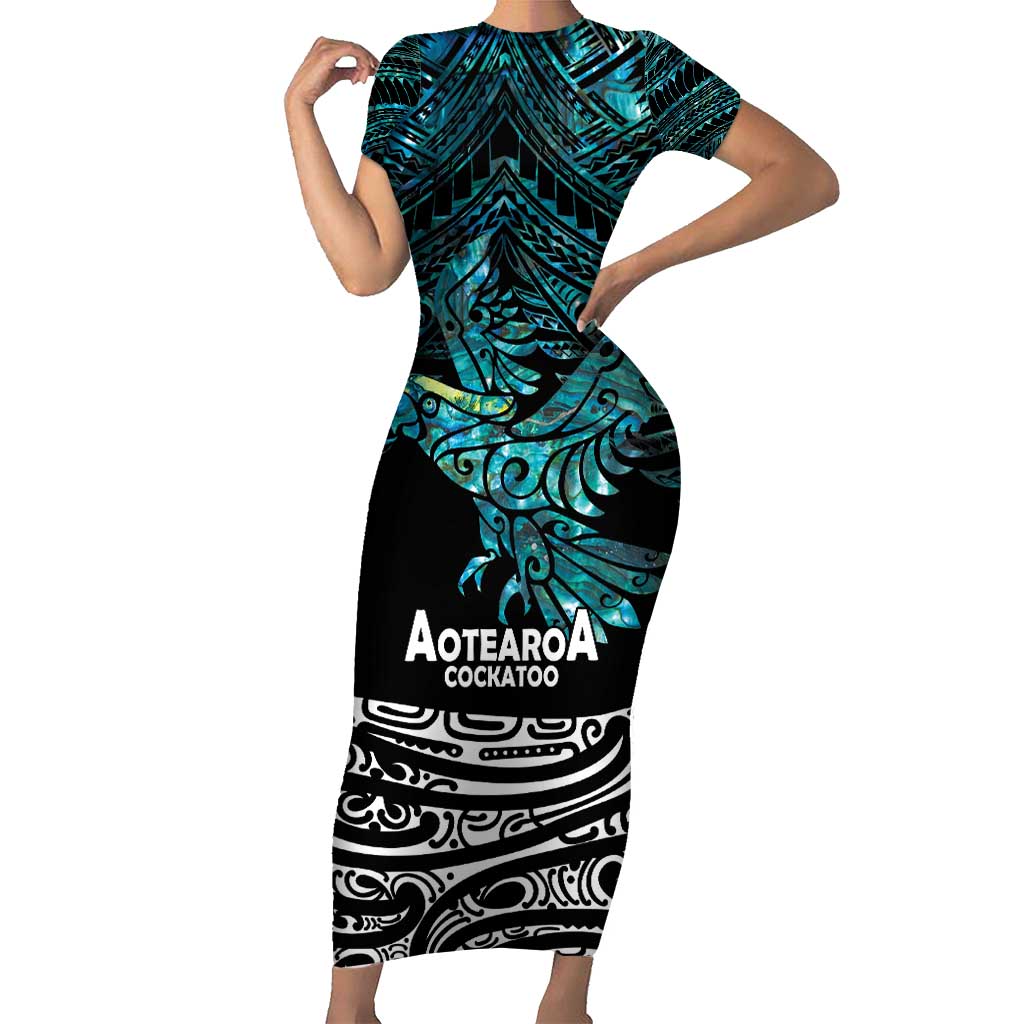 New Zealand Sulphur-crested Cockatoo Family Matching Short Sleeve Bodycon Dress and Hawaiian Shirt Aotearoa Maori Mix Paua Shell LT14 Mom's Dress Turquoise - Polynesian Pride