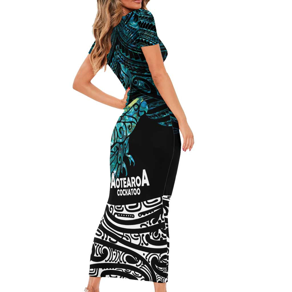 New Zealand Sulphur-crested Cockatoo Family Matching Short Sleeve Bodycon Dress and Hawaiian Shirt Aotearoa Maori Mix Paua Shell LT14 - Polynesian Pride