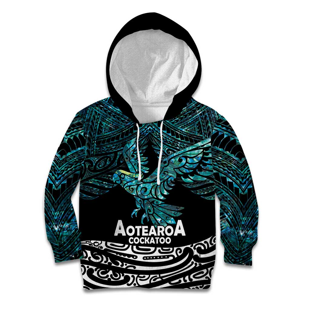New Zealand Sulphur-crested Cockatoo Kid Hoodie Aotearoa Maori Mix Paua Shell LT14 Hoodie Turquoise - Polynesian Pride
