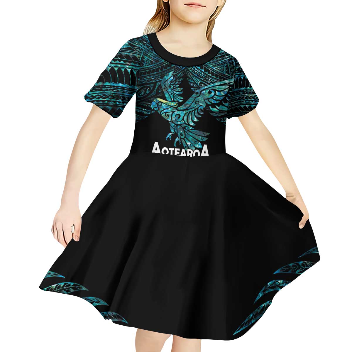 New Zealand Sulphur-crested Cockatoo Kid Short Sleeve Dress Aotearoa Maori Mix Paua Shell LT14 - Polynesian Pride