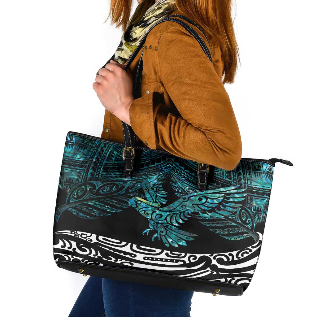 New Zealand Sulphur-crested Cockatoo Leather Tote Bag Aotearoa Maori Mix Paua Shell LT14 Turquoise - Polynesian Pride