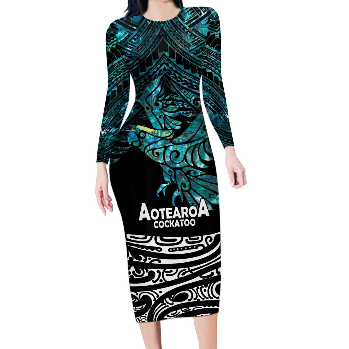 New Zealand Sulphur-crested Cockatoo Long Sleeve Bodycon Dress Aotearoa Maori Mix Paua Shell LT14 Long Dress Turquoise - Polynesian Pride