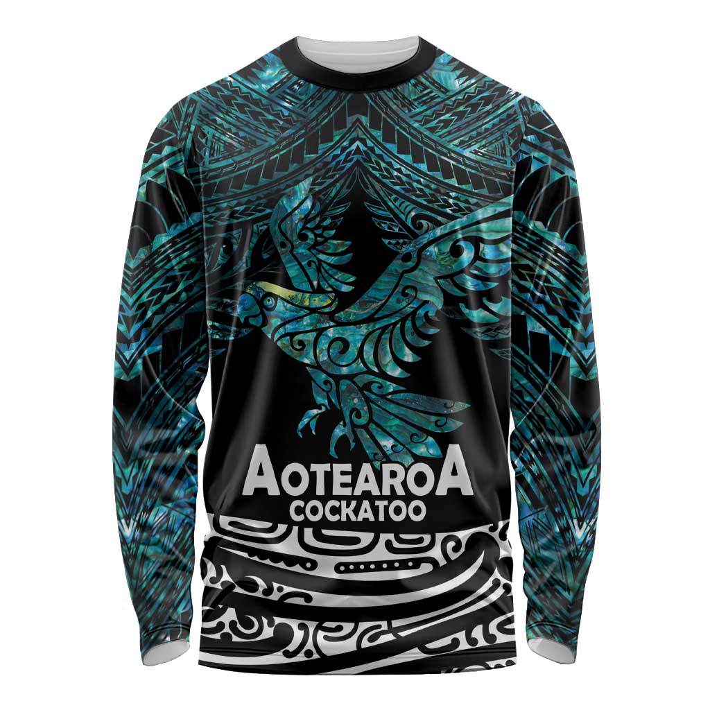 New Zealand Sulphur-crested Cockatoo Long Sleeve Shirt Aotearoa Maori Mix Paua Shell LT14 Unisex Turquoise - Polynesian Pride