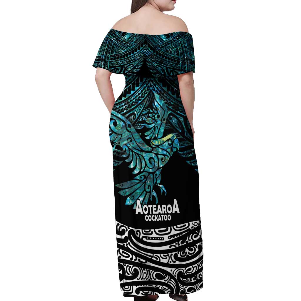 New Zealand Sulphur-crested Cockatoo Off Shoulder Maxi Dress Aotearoa Maori Mix Paua Shell LT14 - Polynesian Pride