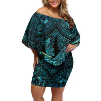 New Zealand Sulphur-crested Cockatoo Off Shoulder Short Dress Aotearoa Maori Mix Paua Shell LT14 Women Turquoise - Polynesian Pride