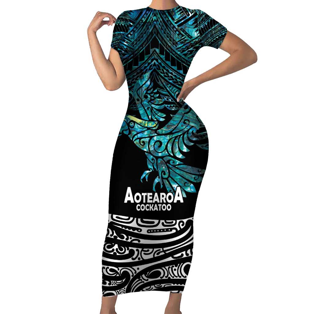 New Zealand Sulphur-crested Cockatoo Short Sleeve Bodycon Dress Aotearoa Maori Mix Paua Shell LT14 Long Dress Turquoise - Polynesian Pride