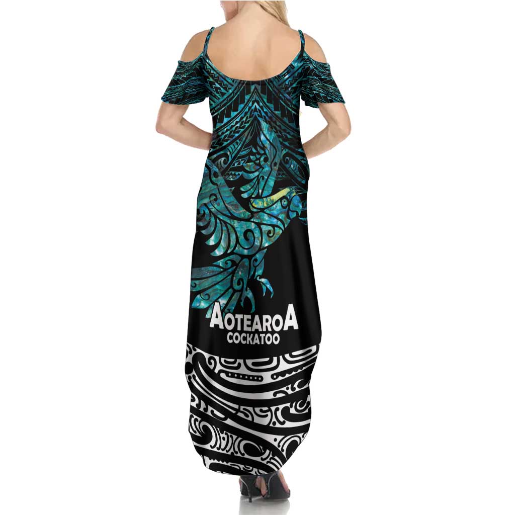 New Zealand Sulphur-crested Cockatoo Summer Maxi Dress Aotearoa Maori Mix Paua Shell LT14 - Polynesian Pride